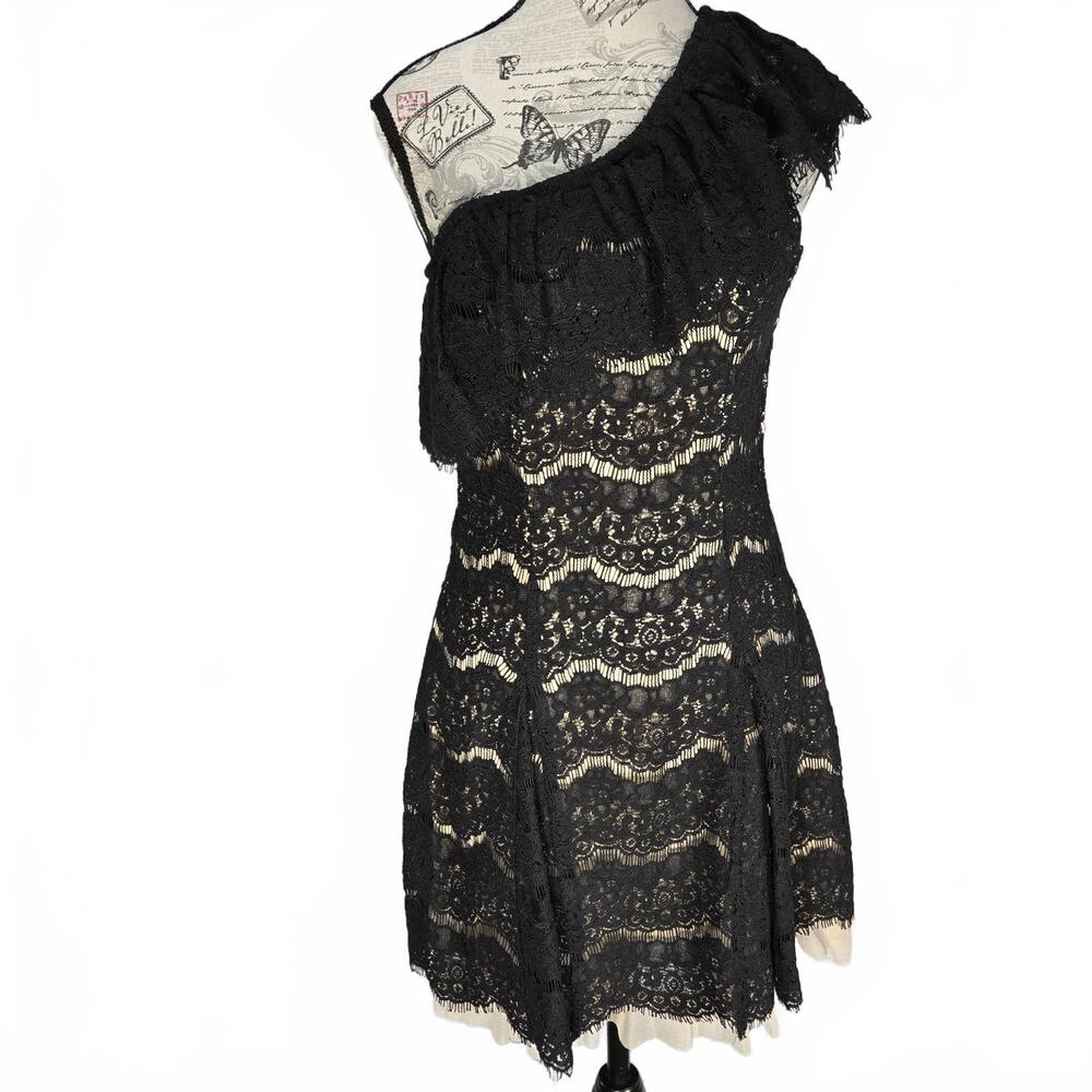 Francesca's Black Floral Lace One Shoulder Ruffle Cocktail Mini Dress S
